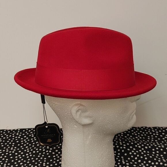 MEN'S MONTIQUE 2" SNAP BRIM CRUSHABLE 100% WOOL FELT FEDORA HAT. H10 RED - Picture 3 of 8